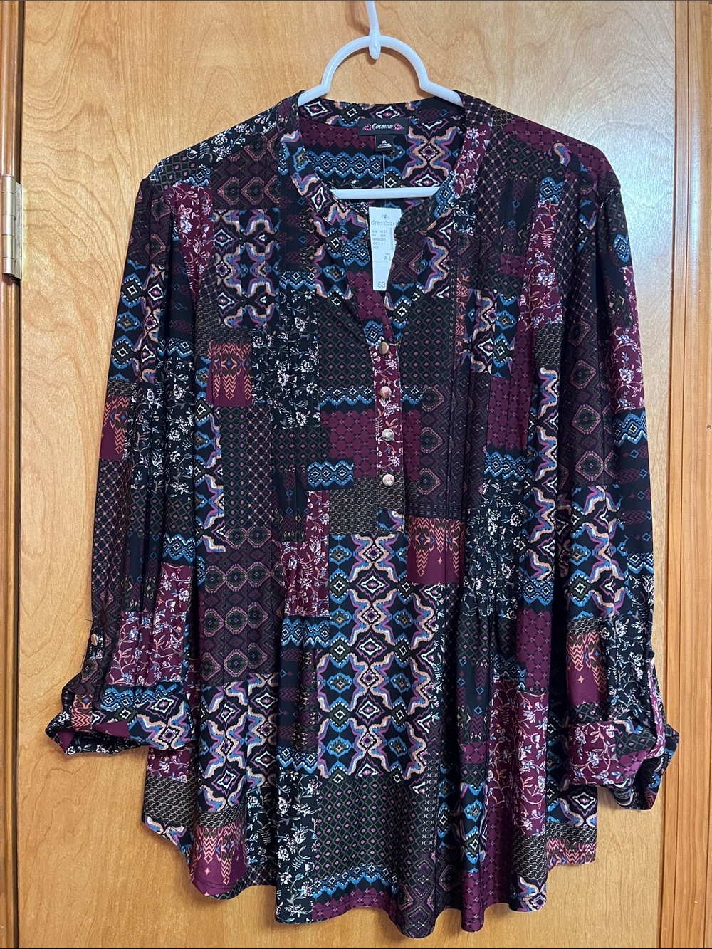 dressbarn Mixed Patchwork Button-Front Tunic in Burgundy, Black & Blue